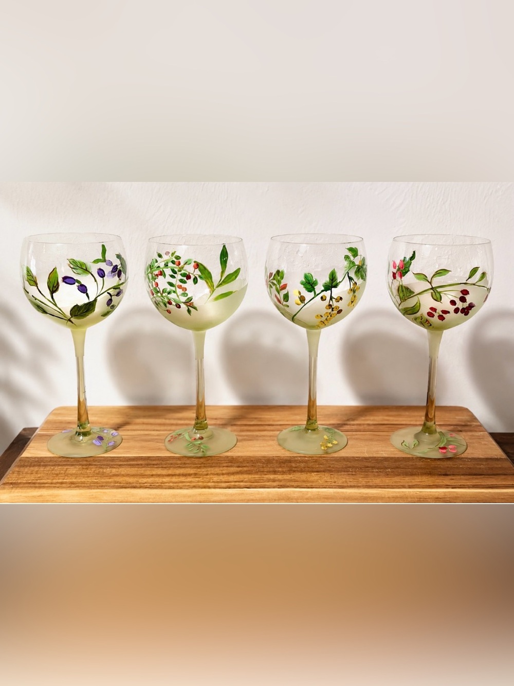 Vintage Frosted Hand-Painted Botanical Wine Glasses - Set of 4